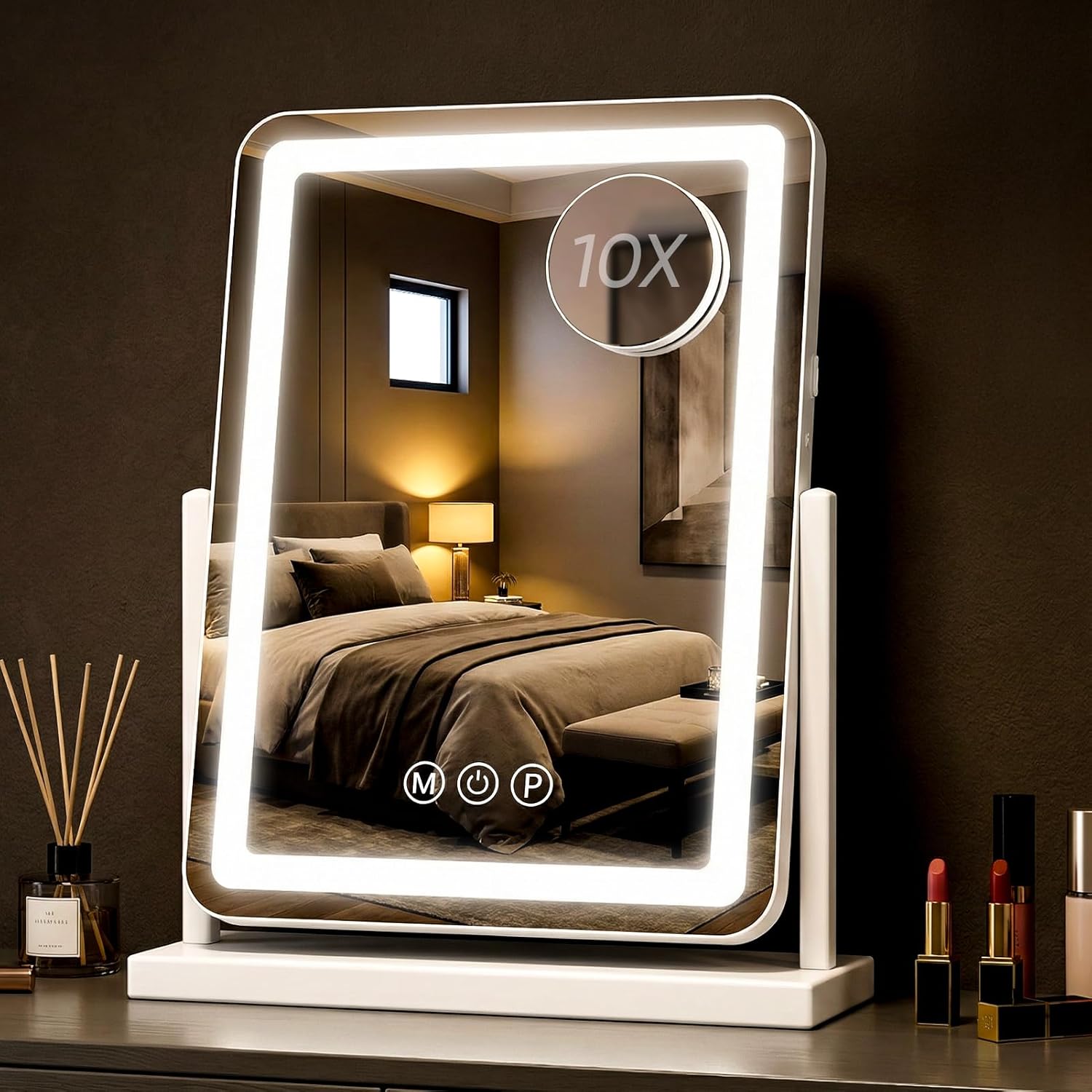 Antok Vanity Mirror with Lights, 14X18 Lighted Makeup Mirror, Smart Touch, 3 Color Modes and Brightness Adjustable, LED Vanity Mirror with Detachable 10X Magnification, 360° Rotation for Makeup Desk